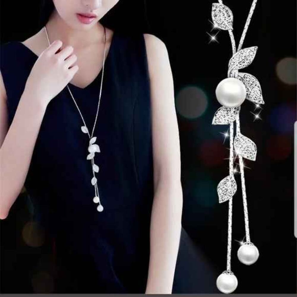 New Long Pearl & Rhinestone Necklace